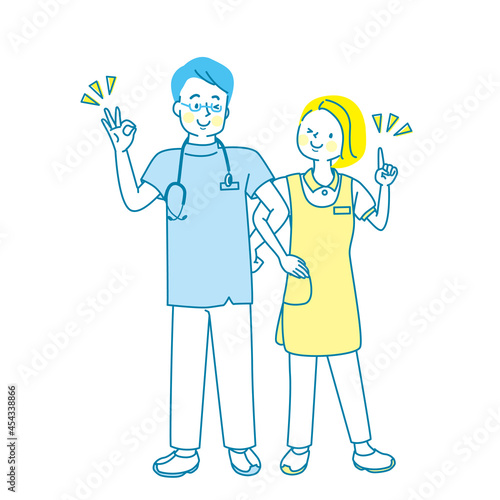 腕を組んで笑っている看護師と医者