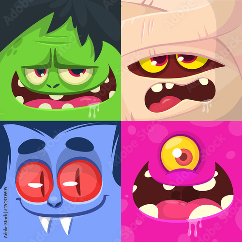 Cartoon monsters faces set. Vector collection of four Halloween monster character square avatars with different face expressions. Mummy, zombie, vampire and alien creature cyclops