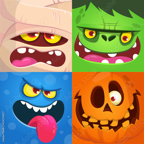 Cartoon monsters faces set. Vector collection of four Halloween monster character square avatars with different face expressions. Mummy, zombie, jack-o-lantern and alien creature.