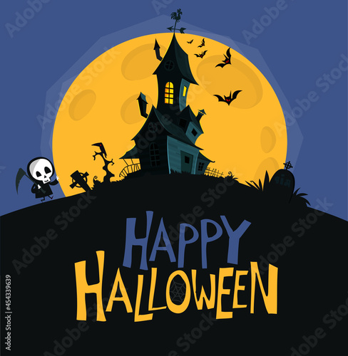 Happy halloween haunted house cartoon illustration. Vector horror scary mansion on the night background with moon. Party poster