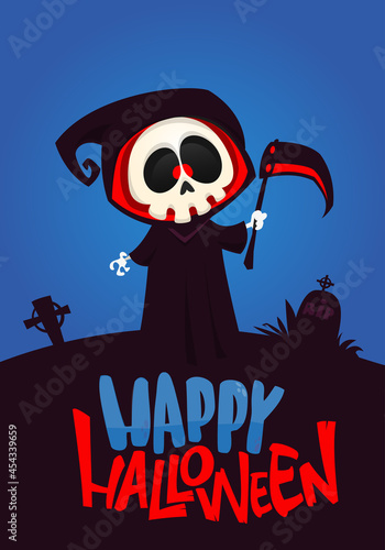 Cartoon grim reaper with scythe. Halloween scary death character illustration. Party poster