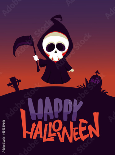 Cartoon grim reaper with scythe. Halloween scary death character illustration. Party poster