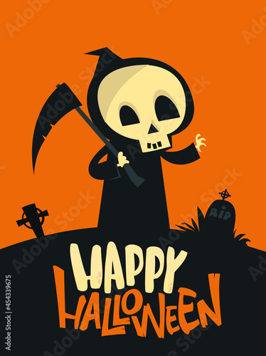 Cartoon grim reaper with scythe. Halloween scary death character illustration. Party poster