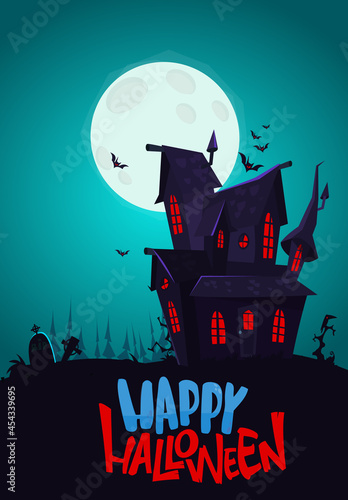 Happy halloween haunted house cartoon illustration. Vector horror scary mansion on the night background with moon. Party poster