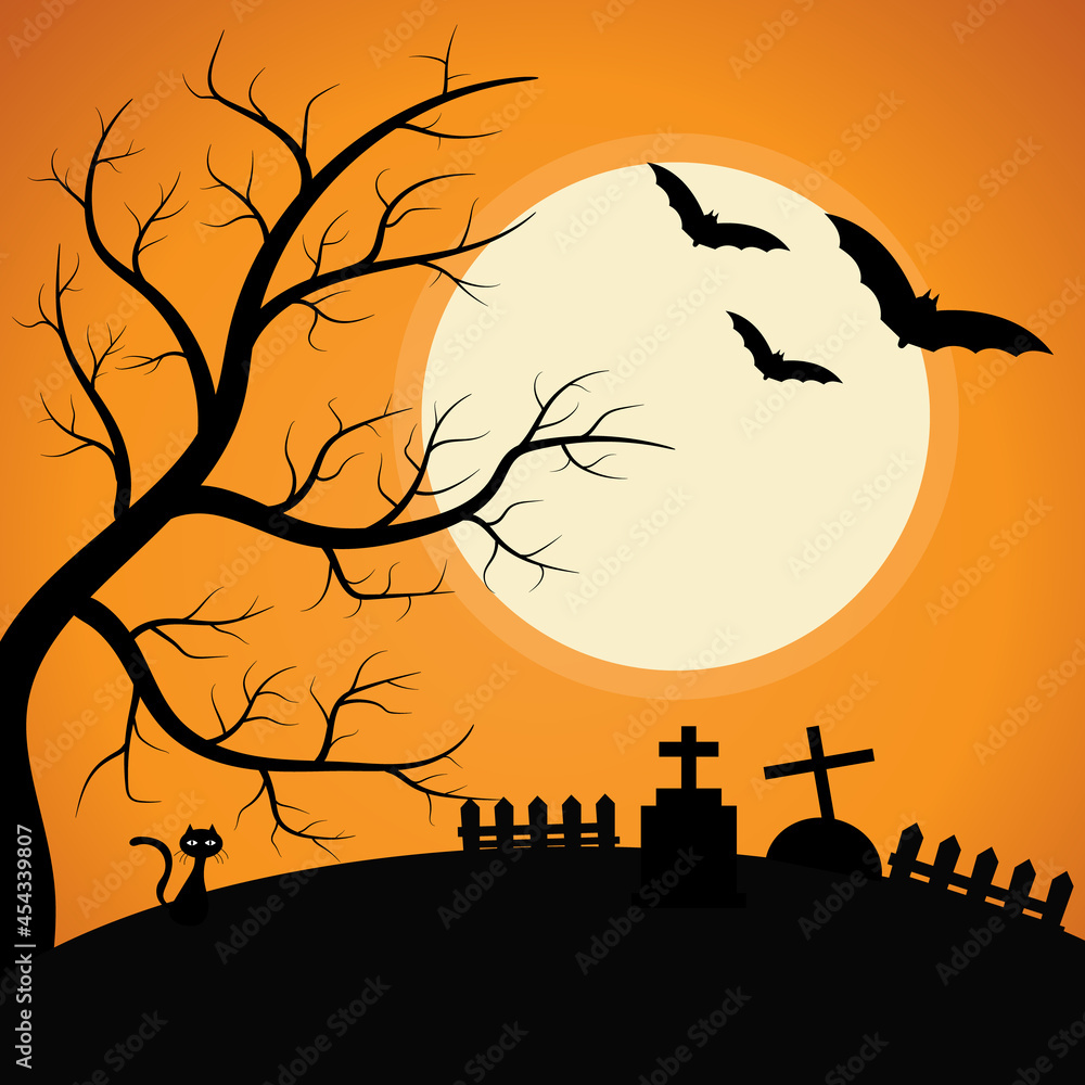 Graveyard with spooky tree under the moon light, Halloween Background