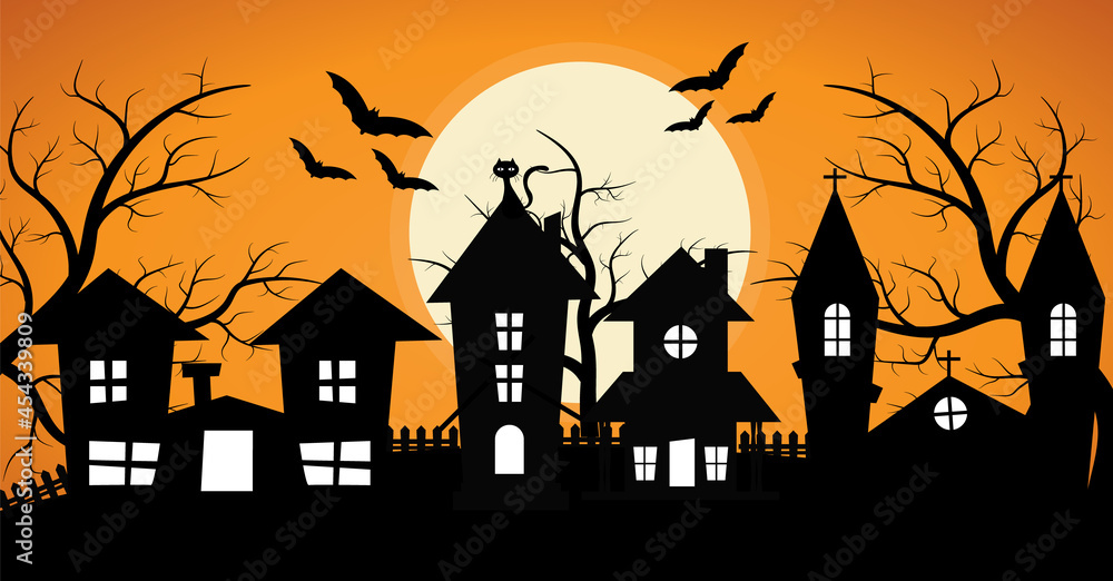 Row of Spooky House, With Spooky Tree and Bat Halloween Background
