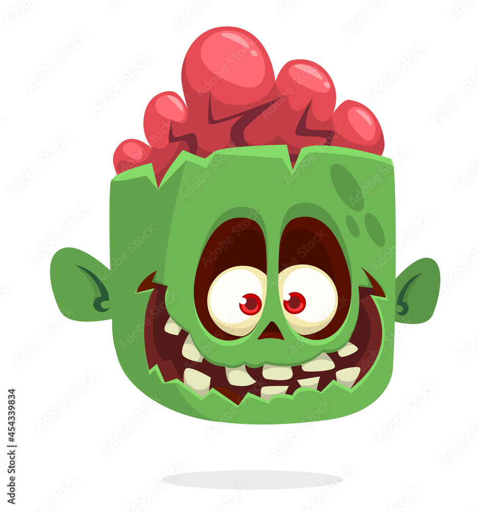 Fototapeta premium Cartoon funny green zombie character design with scary face expression. Halloween vector illustration isolated on white.Party poster