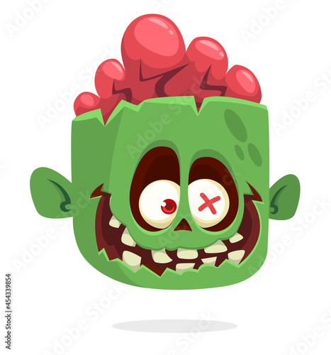 Cartoon funny green zombie character design with scary face expression. Halloween vector illustration isolated on white.Party poster