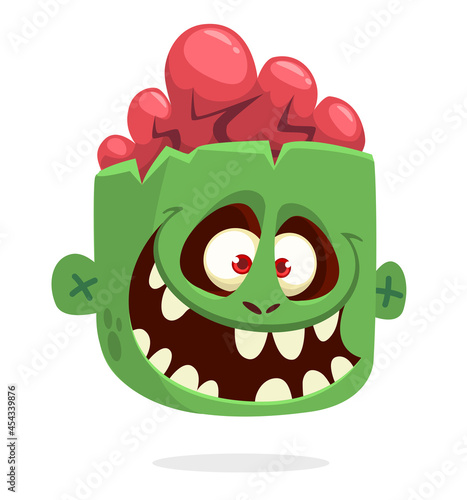 Cartoon funny green zombie character design with scary face expression. Halloween vector illustration isolated on white.Party poster