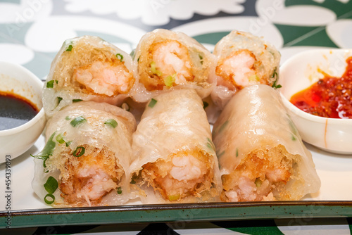 Photography A plate of delicious Cantonese morning tea dim sum crispy shrimp rice rolls