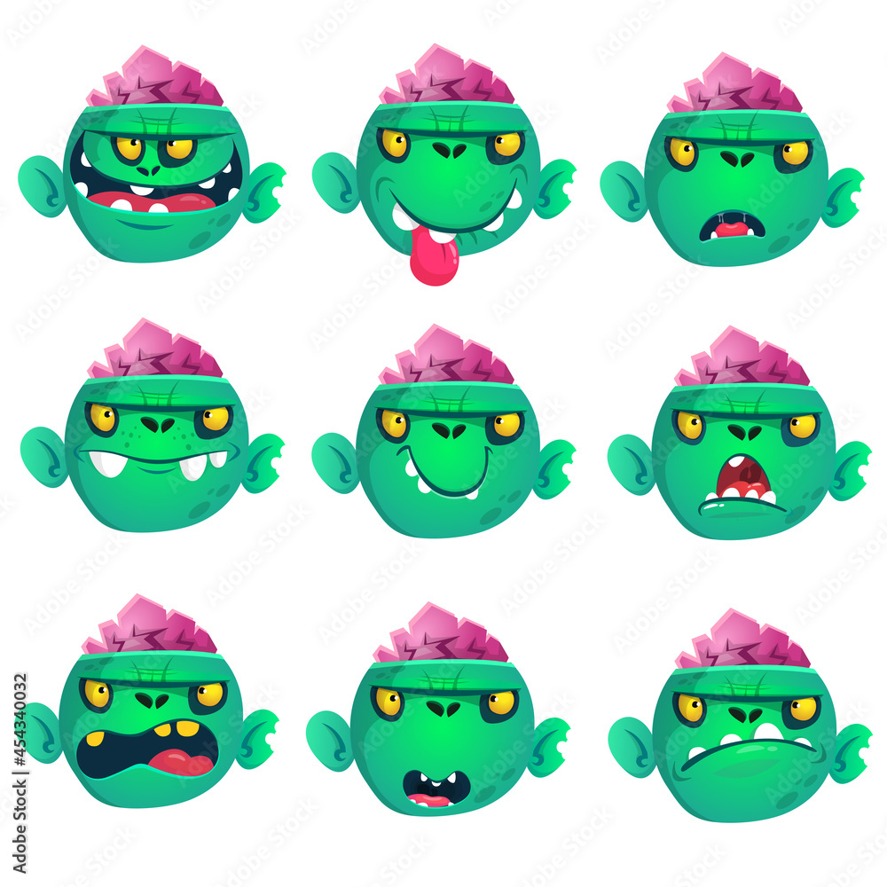 Cartoon funny green zombie character design with set of scary face expressions. Halloween vector illustration isolated Cartoon funny green zombie character design with set of scary face expressions. Halloween vector illustration isolated