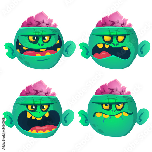 Cartoon funny green zombie character design with set of scary face expressions. Halloween vector illustration isolated