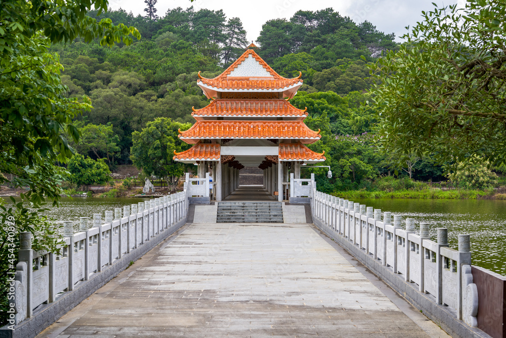 Chinese style orange tile roof tilted corner building close-up Chinese style orange tile roof tilted corner building close-up