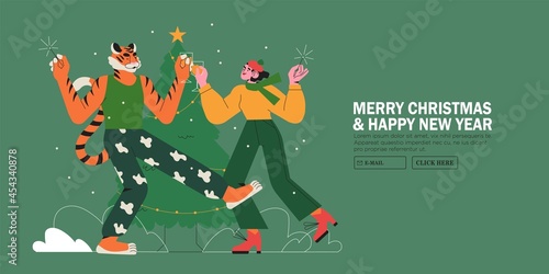 Woman dancing on party with tiger symbol of new 2022 year. Character celebrate christmas or winter holidays together near christmas tree. New year banner, web site or page greeting, poster or card.