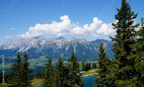 beautiful alpine landscape of the Schladming-Dachstein region in Austria with a man-made lake in the background 