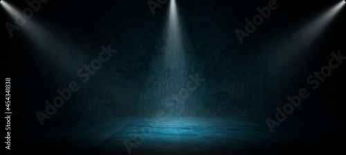 Empty dark and soft blue abstract cement wall and gradient studio room interior texture for display products wall background.