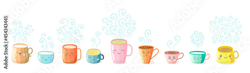 Vector set of kawaii cute characters cups with smoke.