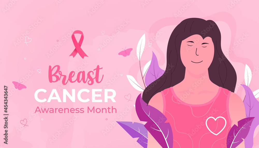 International day against breast cancer. Breast cancer awareness month October, Hand drawn flat portrait illustration Pink background International day against breast cancer. Breast cancer awareness month October, Hand drawn flat portrait illustration Pink background