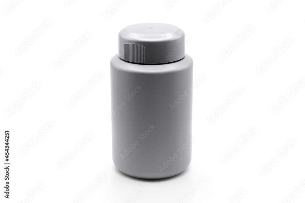 Silver Plastic Bottle Angle, Lid On, White Background Silver Plastic Bottle Angle, Lid On, White Background