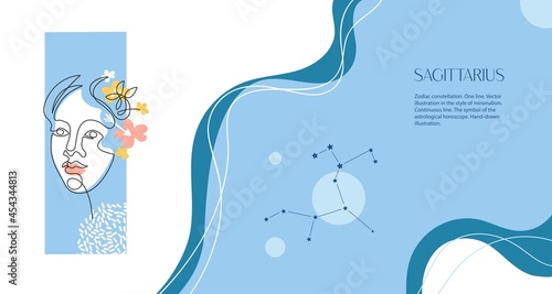 Zodiac background. Constellation Sagittarius. Horizontal banner. One line. Minimalistic graphics