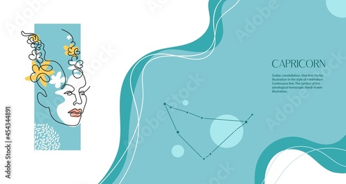 Zodiac background. Capricorn constellation. Horizontal banner. One line. Minimalistic graphics