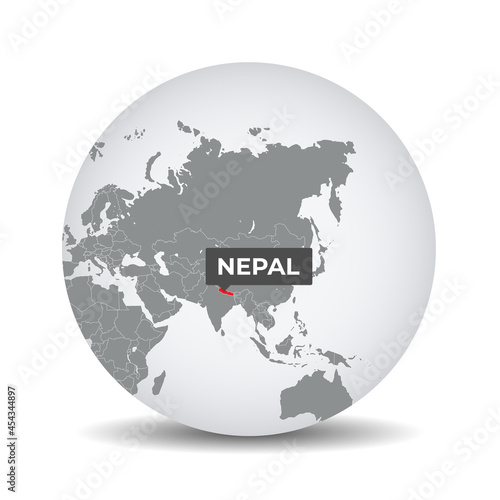 World globe map with the identication of Nepal. Map of Nepal. Nepal on grey political 3D globe. Asia map. Vector stock.