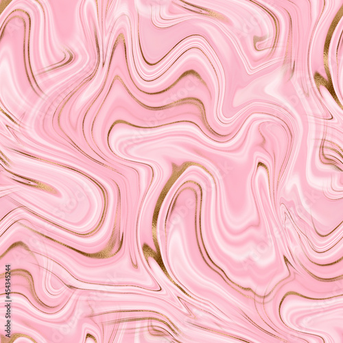 Abstract Liquid marble seamless background, print with white pink pastel color and gold lines glitter texture. Endless marble.