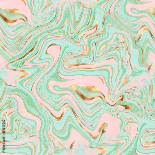 Abstract Liquid marble seamless background, print with green, pink pastel color and gold lines glitter texture. Endless marble.