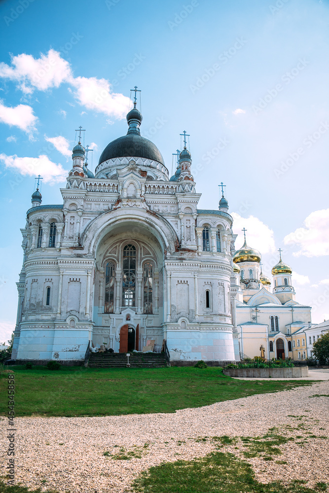 Kazan women's monastery. Different angles. Domes. Towers. Arch of the main entrance. Kazan Cathedral.