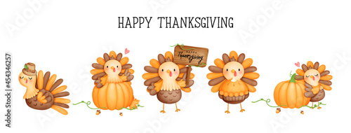 Digital painting watercolor thanksgiving turkey, cute turkey banner, thanksgiving card. 