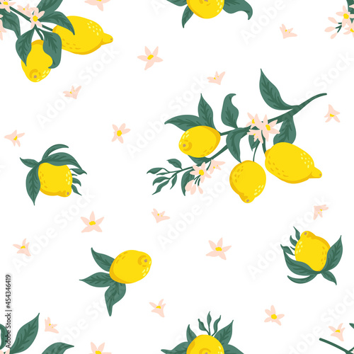 Summer tropical seamless pattern with colorful lemons and flowers.Vector citrus fruits background. Modern exotic floral design for paper, cover, fabric, interior decor and other users.