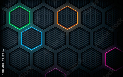 Black abstract background hexagon colorful light decoration
