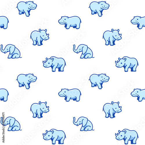 Simple seamless trendy animal pattern with elephant, rhino, hippo. Cartoon vector illustration.