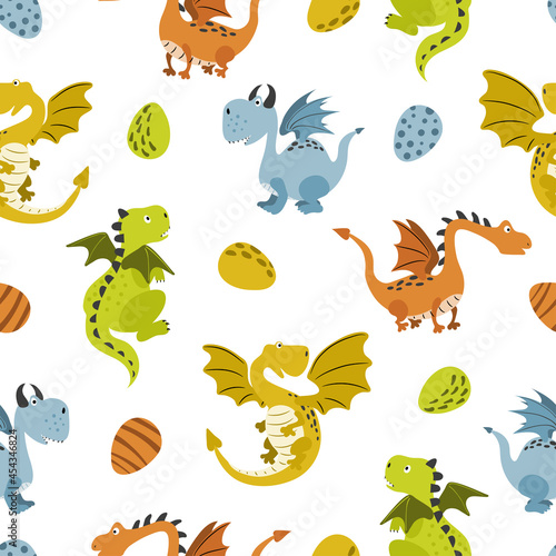 Seamless cartoon dragon pattern. Funny animal characters for kids. Baby print