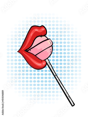 Sexy lips with lollipop vector illustration. Retro style, pop art
