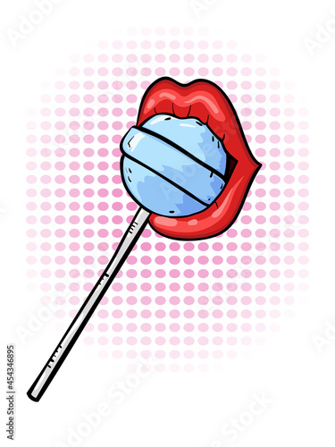 Sexy lips with lollipop. Vector illustration of mouth and candy. Retro style, pop art
