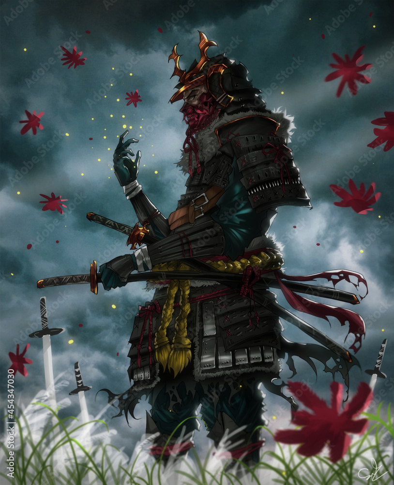 Fototapeta premium Samurai with swords artwork with background illustration