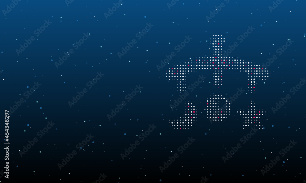 On the right is the baby mobile symbol filled with white dots. Background pattern from dots and circles of different shades. Vector illustration on blue background with stars On the right is the baby mobile symbol filled with white dots. Background pattern from dots and circles of different shades. Vector illustration on blue background with stars