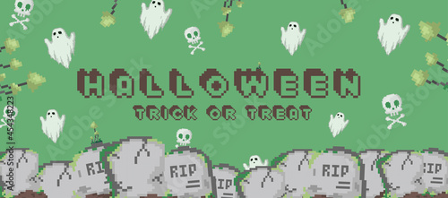 Trendy Green Happy Halloween banner or digital invitation background in retro 8 bit pixel art style. Modern vector art halloween background with ghosts, skulls, tombs and graves. Vector gamer design