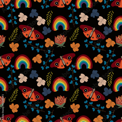 Canvastavla Leaf,rainbow and butterfly vector ilustration seamless patern with black background