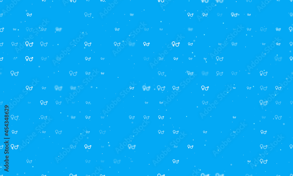 Seamless background pattern of evenly spaced white gender symbols of different sizes and opacity. Vector illustration on light blue background with stars