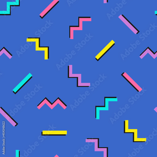 Blue vector seamless pattern background with colorful zigzags and lines, geometric shapes for 80s or 90s design.