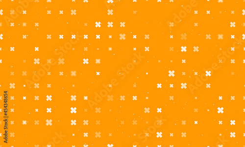Seamless background pattern of evenly spaced white adhesive plaster symbols of different sizes and opacity. Vector illustration on orange background with stars
