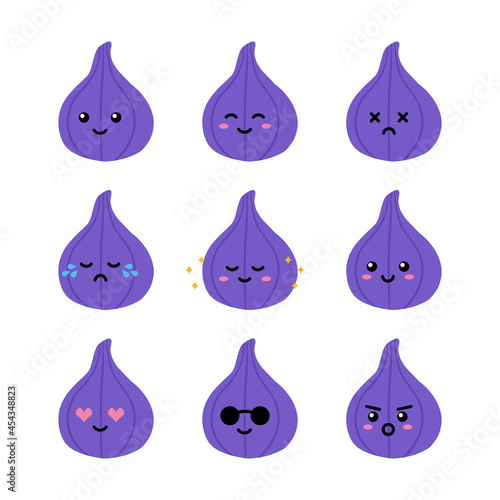 Set, collection, pack of fig fruit emoji, vector cartoon style icons of fig fruits characters with different facial expressions, happy, sad, shining, joyful.