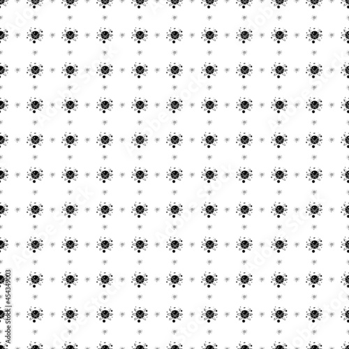 Square seamless background pattern from black cosmic symbols are different sizes and opacity. The pattern is evenly filled. Vector illustration on white background
