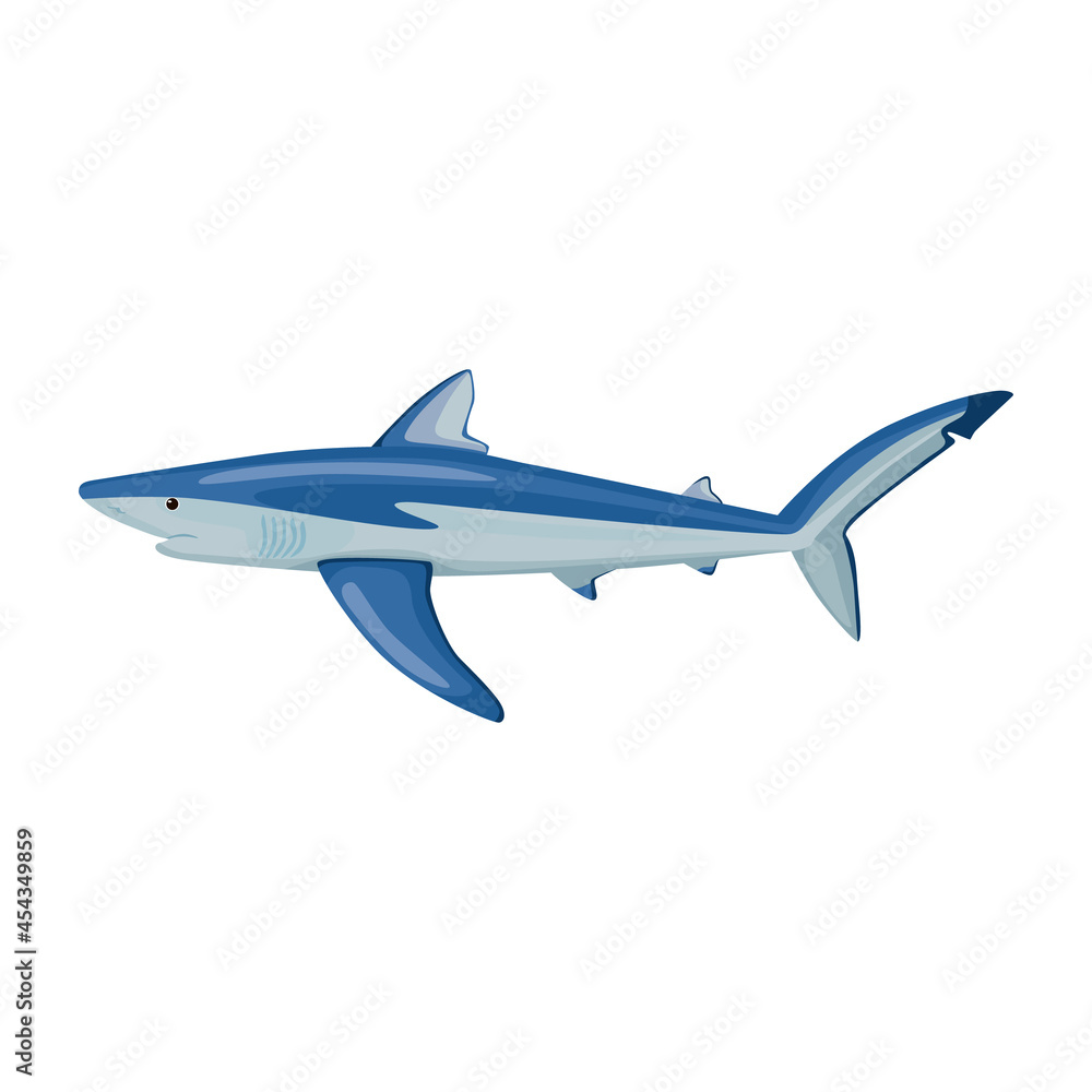 Fototapeta premium Blue shark isolated on white background. Cartoon character of ocean for children.