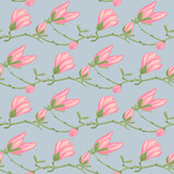 Seamless pattern Magnolias on blue background. Beautiful texture with spring pink flowers.