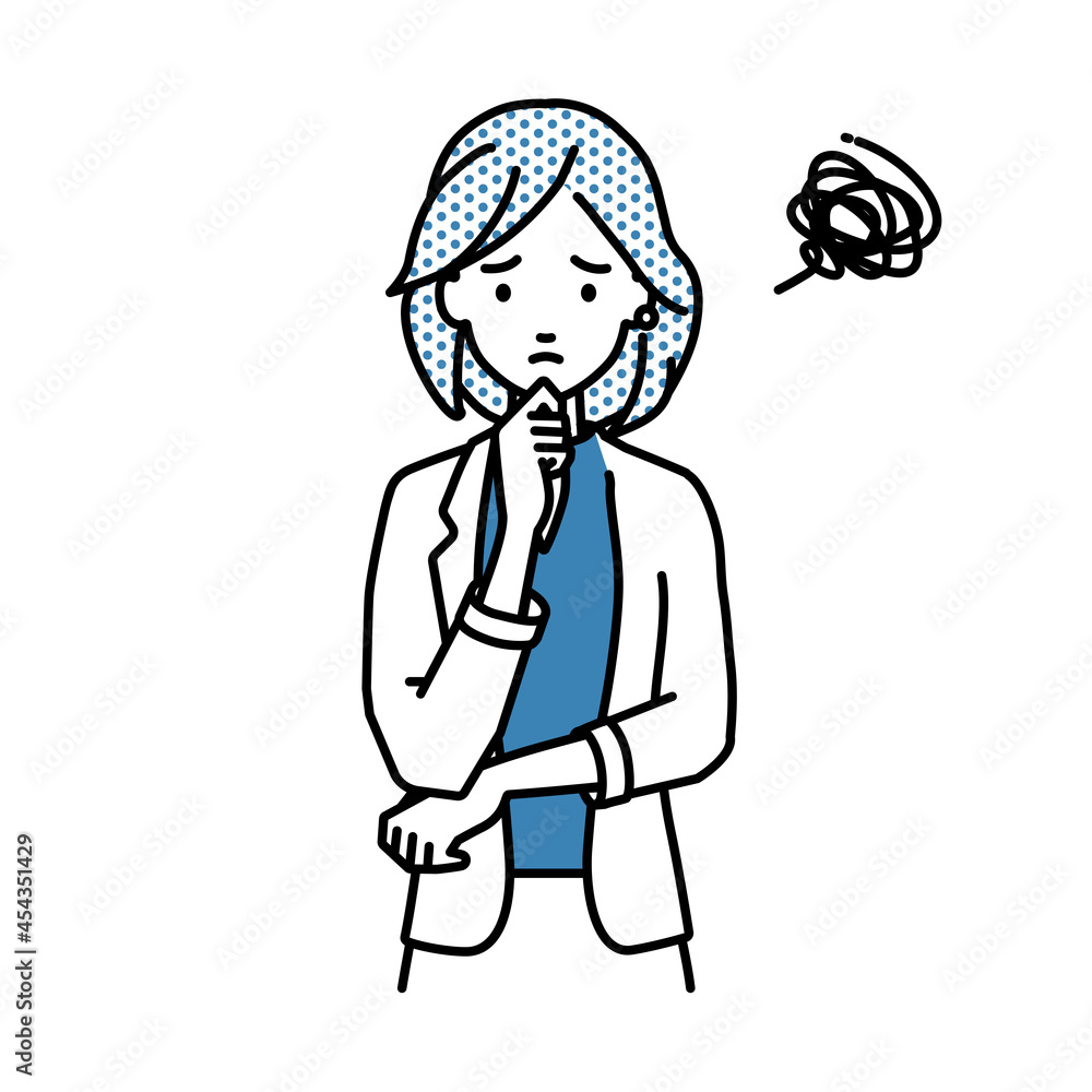 立って手をあごにあてて困っているジャケットの女性