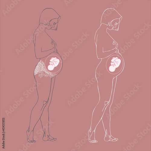 A young pregnant woman and a fetus, an embryo. The concept of happy motherhood, the desired conception of a child. Vector, contour drawing by hand, editable image.