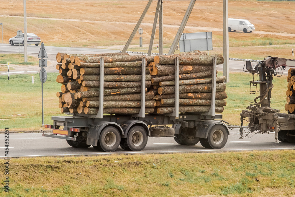 The machine transports wooden logs. Cargo transportation of wood and boards